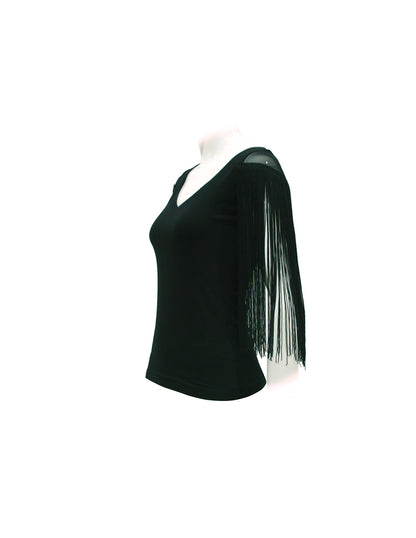 Shirt with tulle shoulder and black fringes