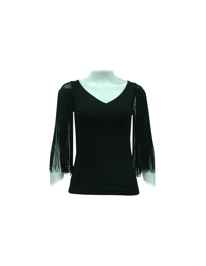 Shirt with tulle shoulder and black fringes