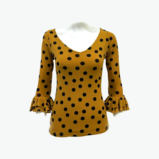 Round flounce shirt - Mustard black polka dot