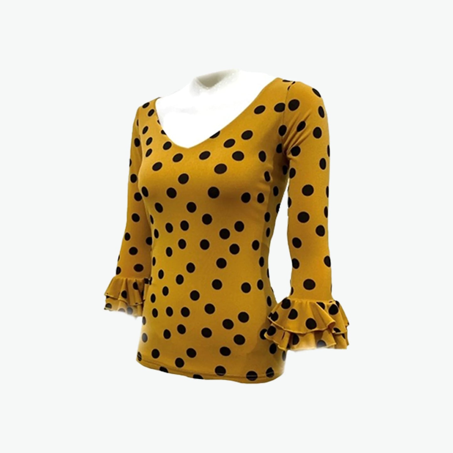 Round flounce shirt - Mustard black polka dot