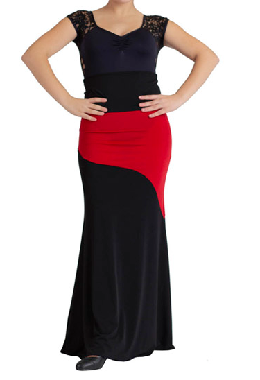 Falda de baile flamenco negra con canesú rojo