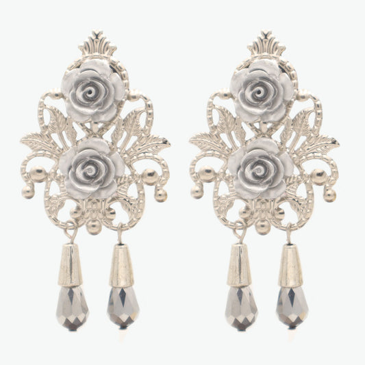 Silver earrings with two roses and two tears