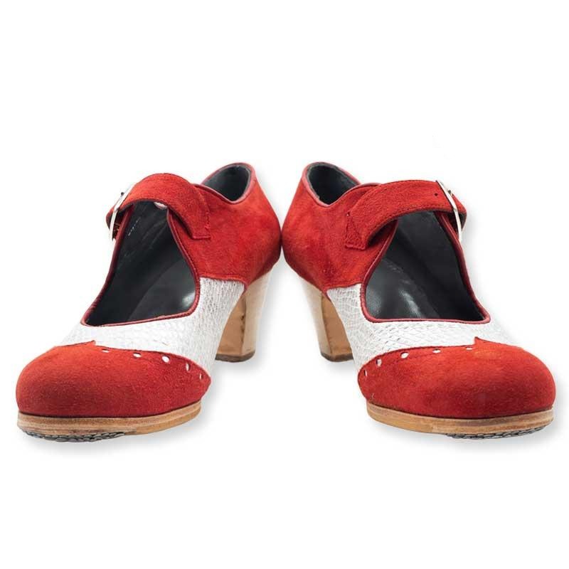 Flamenco Footwear - Buckle combination, red suede and fantasy