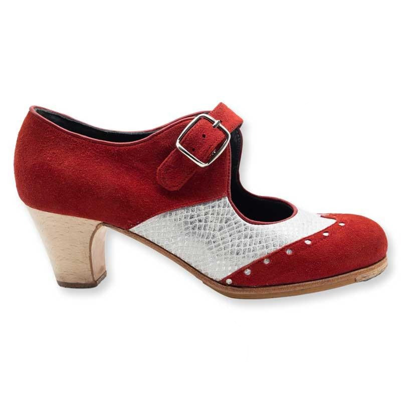 Flamenco Footwear - Buckle combination, red suede and fantasy