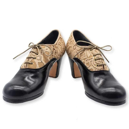 Flamenco Footwear - Split Chapin, black leather and beige lace