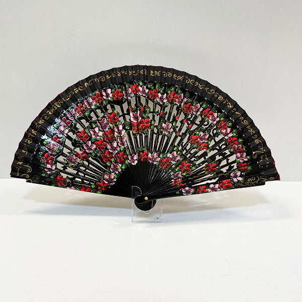 Black lacquered carved fan with flowers