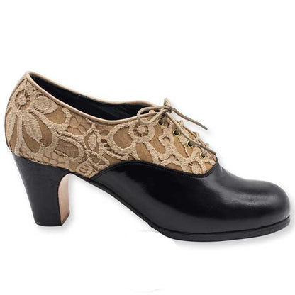 Flamenco Footwear - Split Chapin, black leather and beige lace