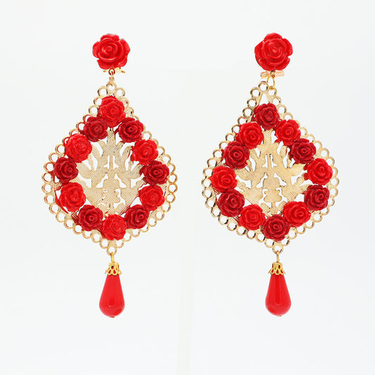 Carved flower earrings with teardrop - Red