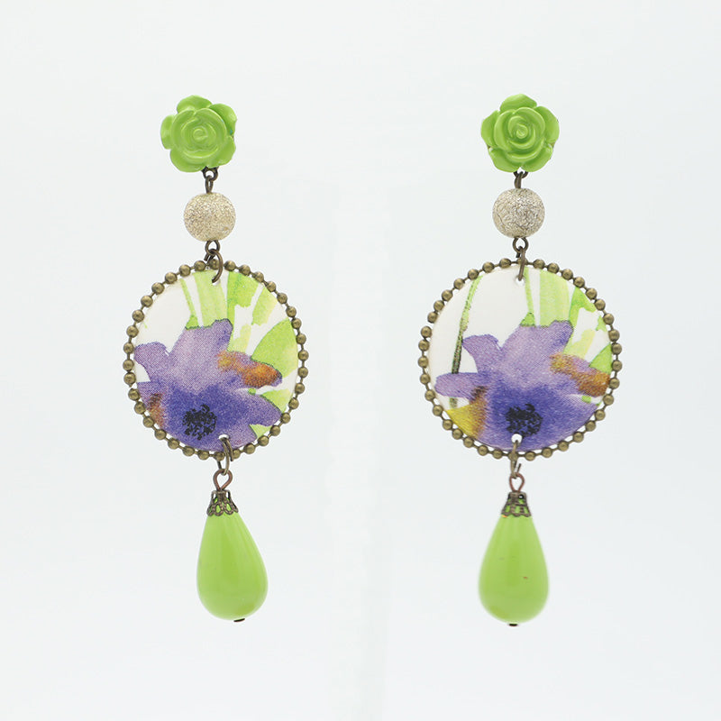 Earrings with carved flower in printed fabric grip - Various models