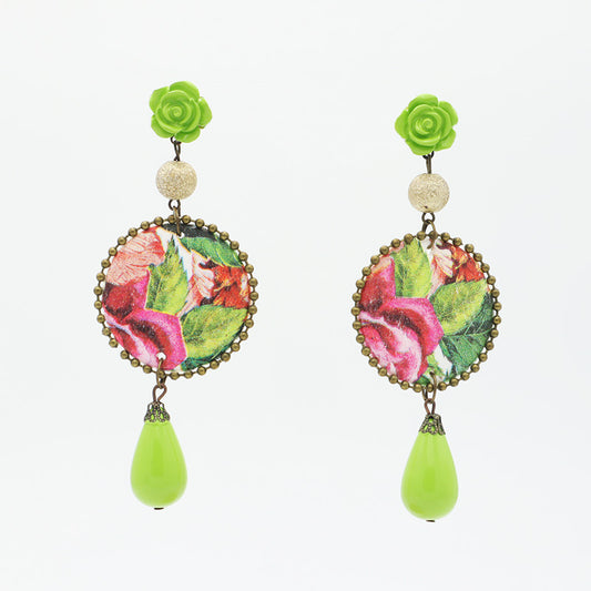 Earrings with carved flower in printed fabric grip - Various models