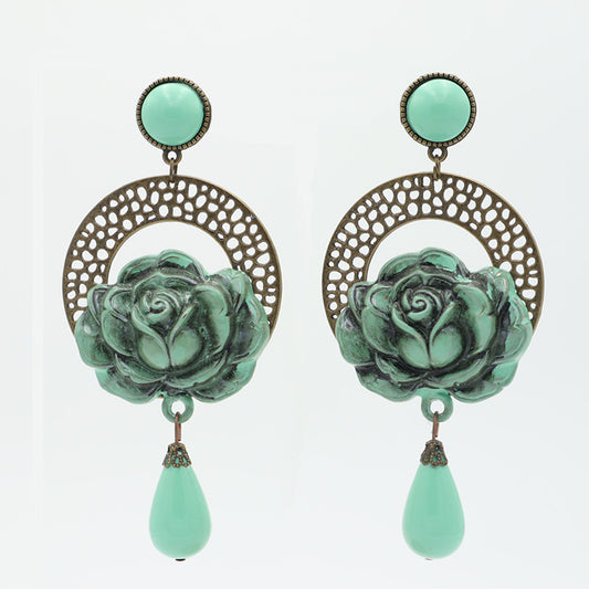 Earrings with carved flower and drop - Aqua green