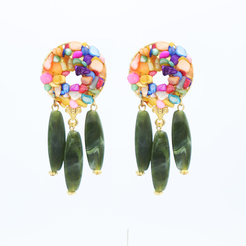 Earrings colored stones 3 crystal drops - Bottle green