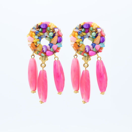 Earrings colored stones 3 crystal drops - Pink