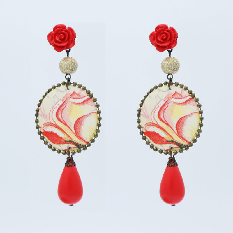 Earrings with carved flower in printed fabric grip - Various models